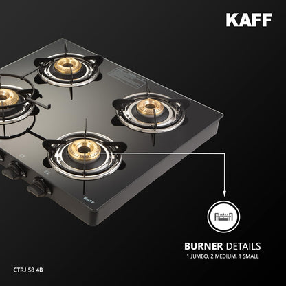 KAFF Cooktop | 4 Burners with Slim Line Design 58 CM | 1 Jumbo burner | High Efficiency Brass Burners, Black Tempered Glass | Matt Enamelled Pan Support | Black | CTRJ58-4B