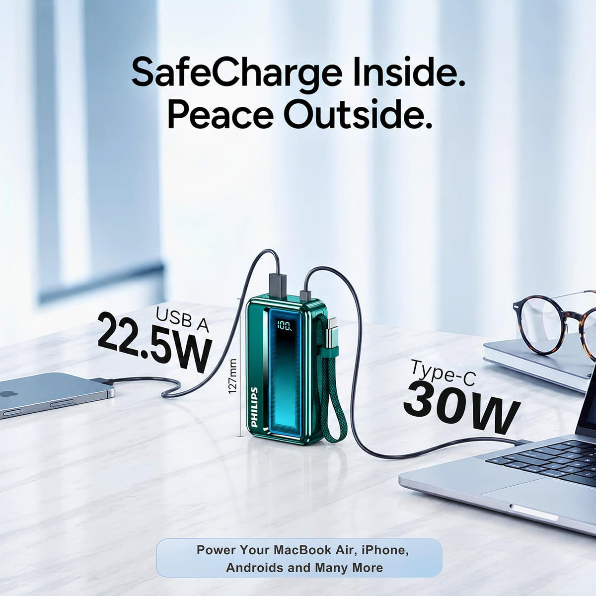 Philips 10000mAh 30W Max Fast Charging Power Bank (Chrystal Teal) with Built-in Cable