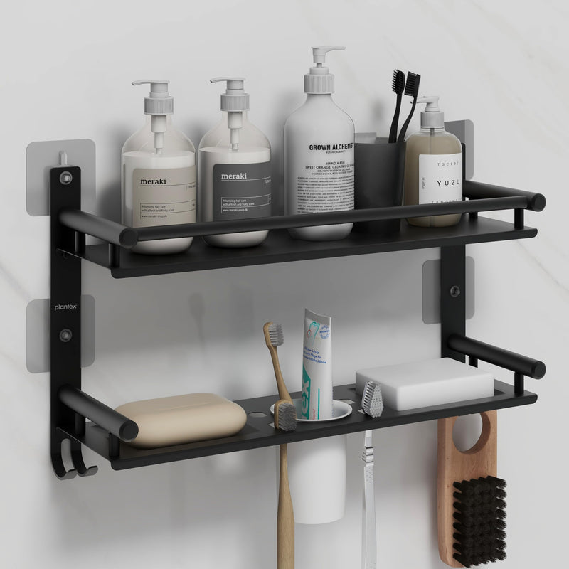Plantex 5in1 Bathroom Organiser Without Drill/Stainless Steel Bathroom Shelf/Rack with Steel Soap Stand for Wall/Tumbler/Brush Holder/Bathroom Fittings Accessories Set (Black)-1