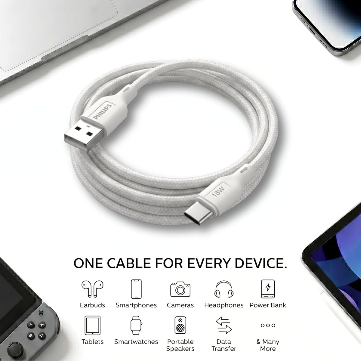 Philips DLC4130AW/94 18W Type-A to Type-C Fast Charging Cable (1m, Bright White)