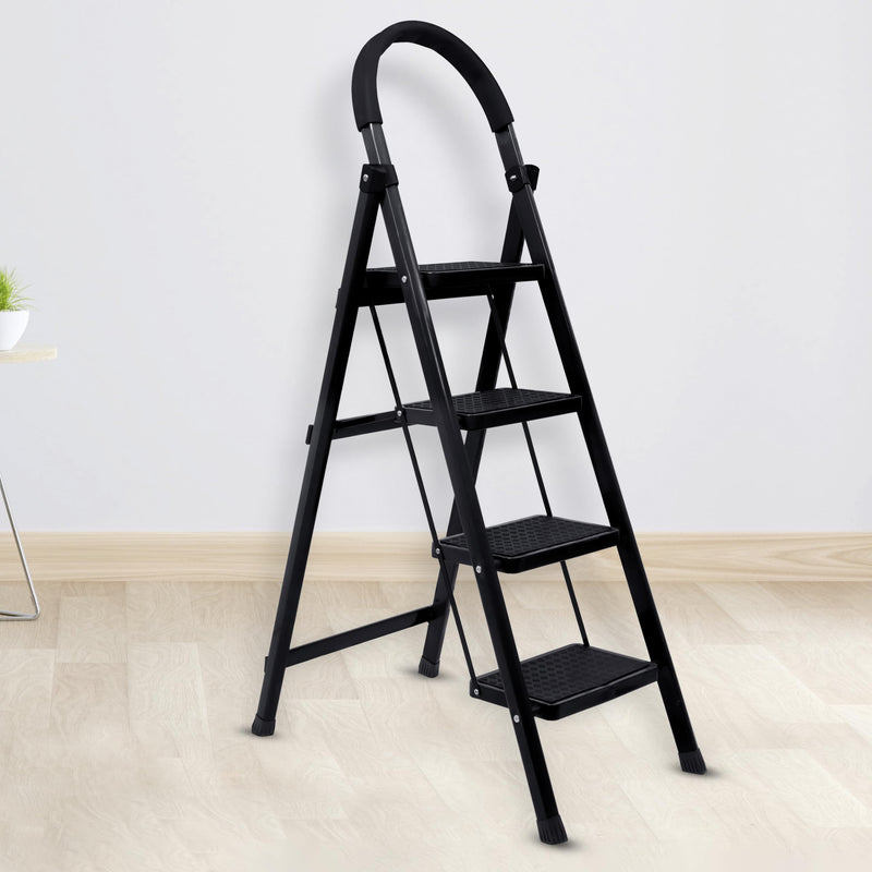 Plantex Cheston Premium GI Steel Foldable 4 Step Ladder for Home/Wide Anti Slip Steps (Black)