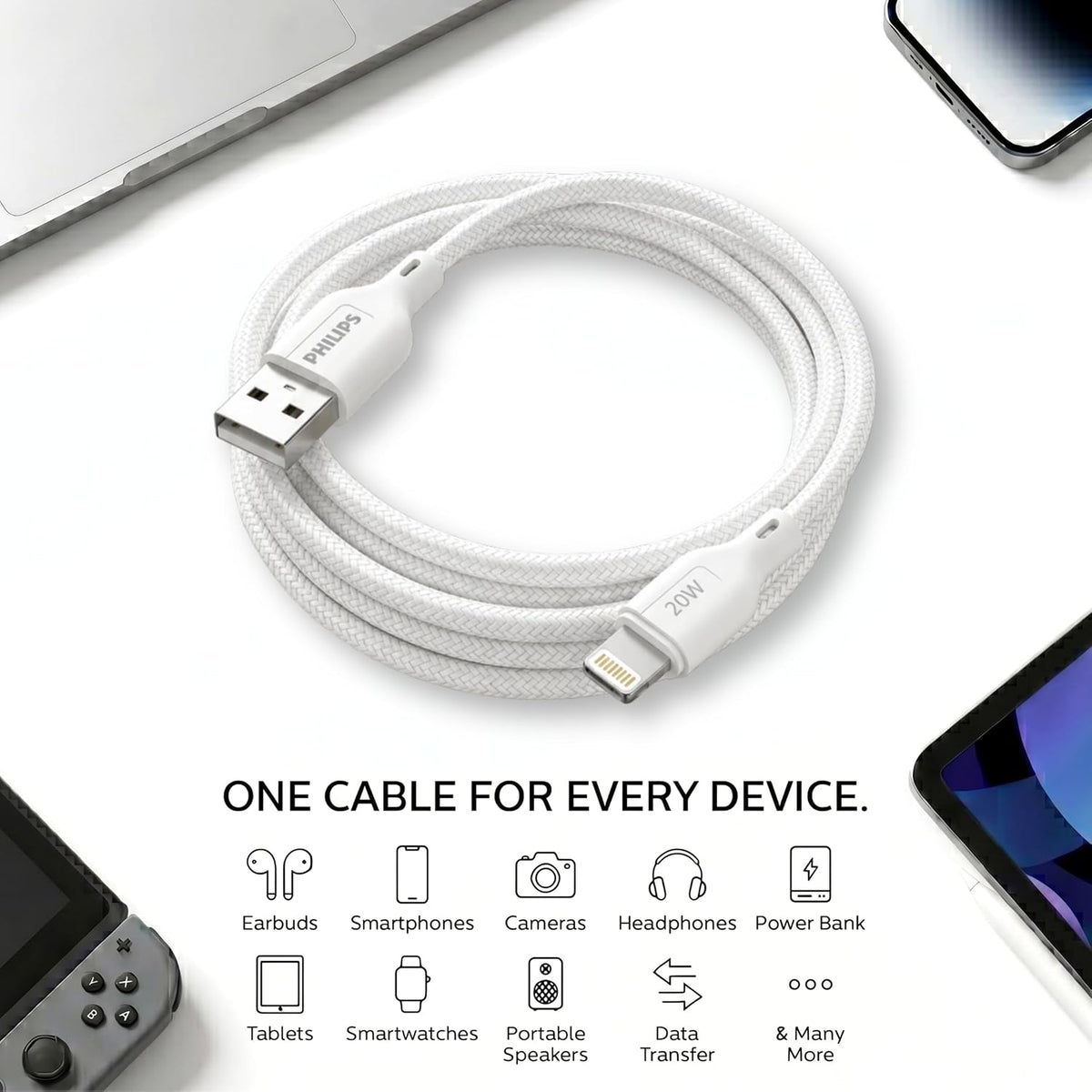 Philips DLC4150VW/94 20W iPhone Original Type-A to Lightning Fast Charging Cable (1.5m, Bright White)
