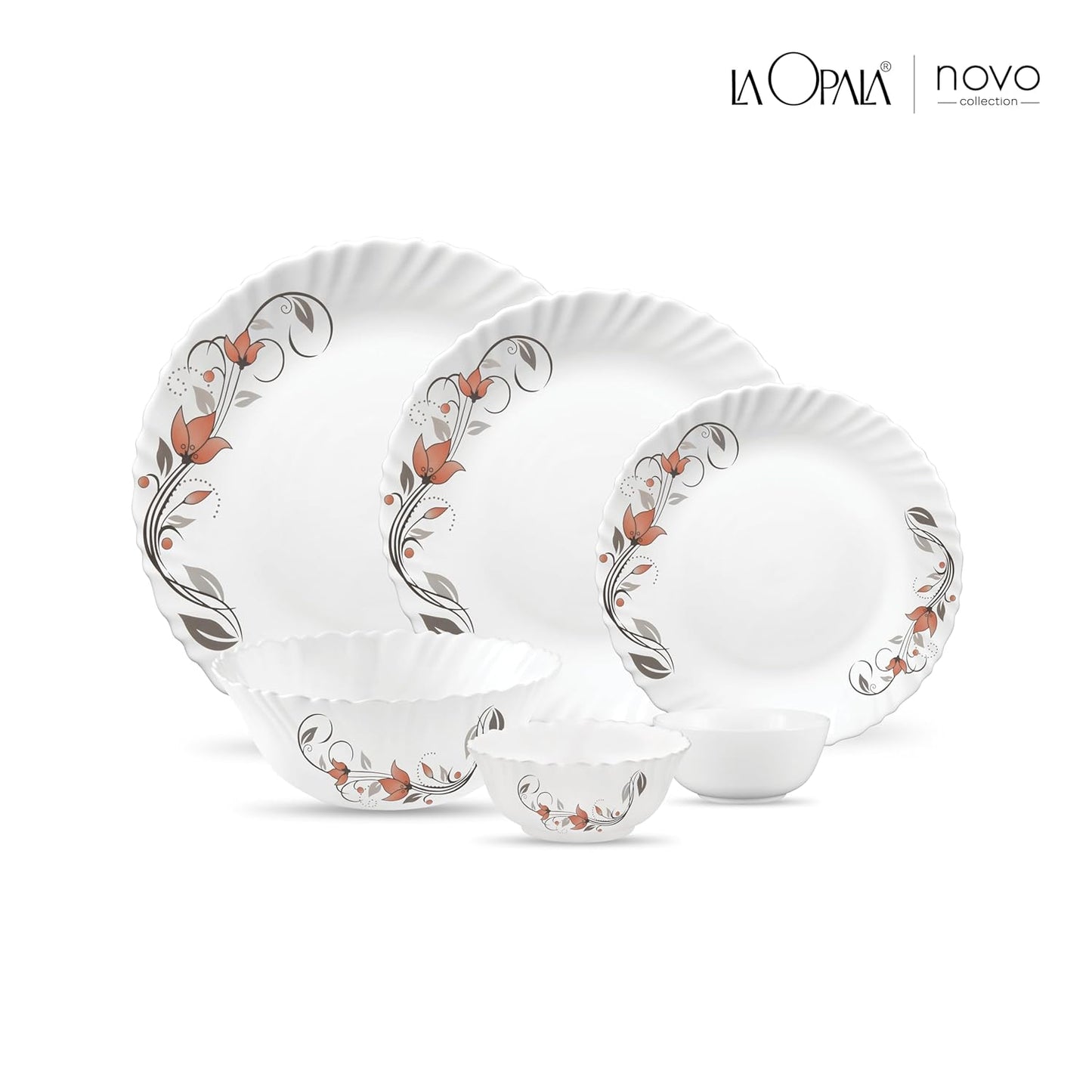 La Opala, Novo Collection, Opal Glass Floral Dinner Set 23 Pcs, Scarlet Blooms, White