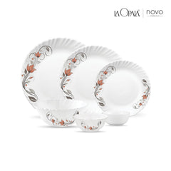 La Opala, Novo Collection, Opal Glass Floral Dinner Set 23 Pcs, Scarlet Blooms, White
