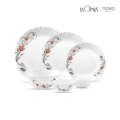 La Opala, Novo Collection, Opal Glass Floral Dinner Set 23 Pcs, Scarlet Blooms, White