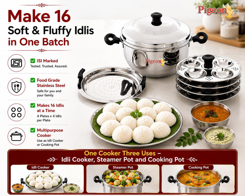 Pigeon Stainless Steel Hot 16 Idly Pot with Steamer - Silver