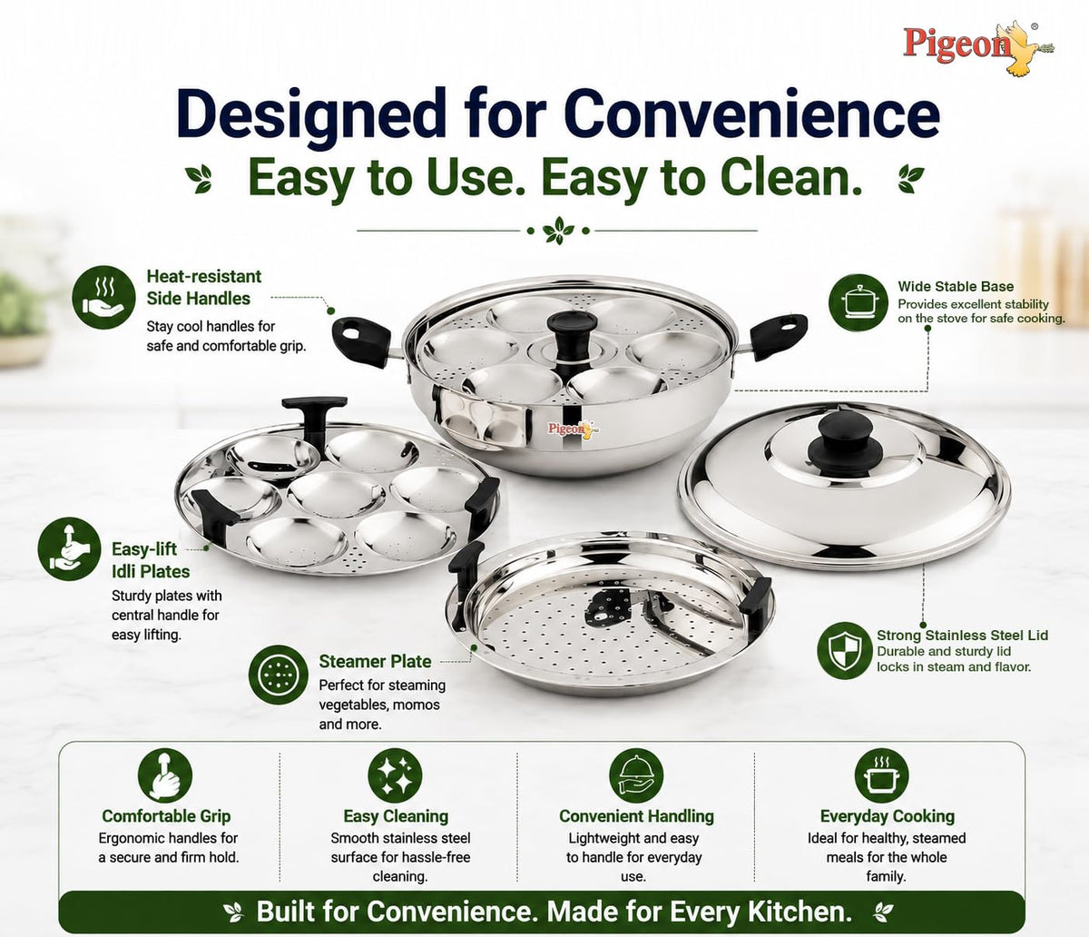 Pigeon Stainless Steel Regal Multi Kadai with 2 Idli Plates(13 Idlies),1 Steamer Plate| Momo Maker|Multi Pot|Steaming Se