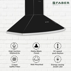 Faber 90 cm 1000 m³/hr Pyramid Kitchen Chimney | 3 Baffle Filters |12 years warranty on Motor|Motor- 240 Watt [HOOD CLASS PRO PB BK 90,Black]