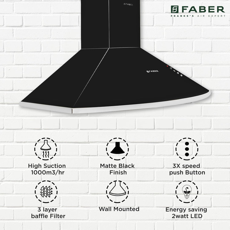 Faber 90 cm 1000 m³/hr Pyramid Kitchen Chimney | 3 Baffle Filters |12 years warranty on Motor|Motor- 240 Watt [HOOD CLASS PRO PB BK 90,Black]