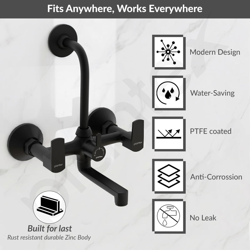 Plantex Wall Mixer for Bathroom 2 in 1 with L-Bend Connecter for Overhead Shower with Brass Spindles/Wall Mixer with Nickel Chrome Mirror Finish/Teflon Tape and Wall Flange-(Saga-blk)-2