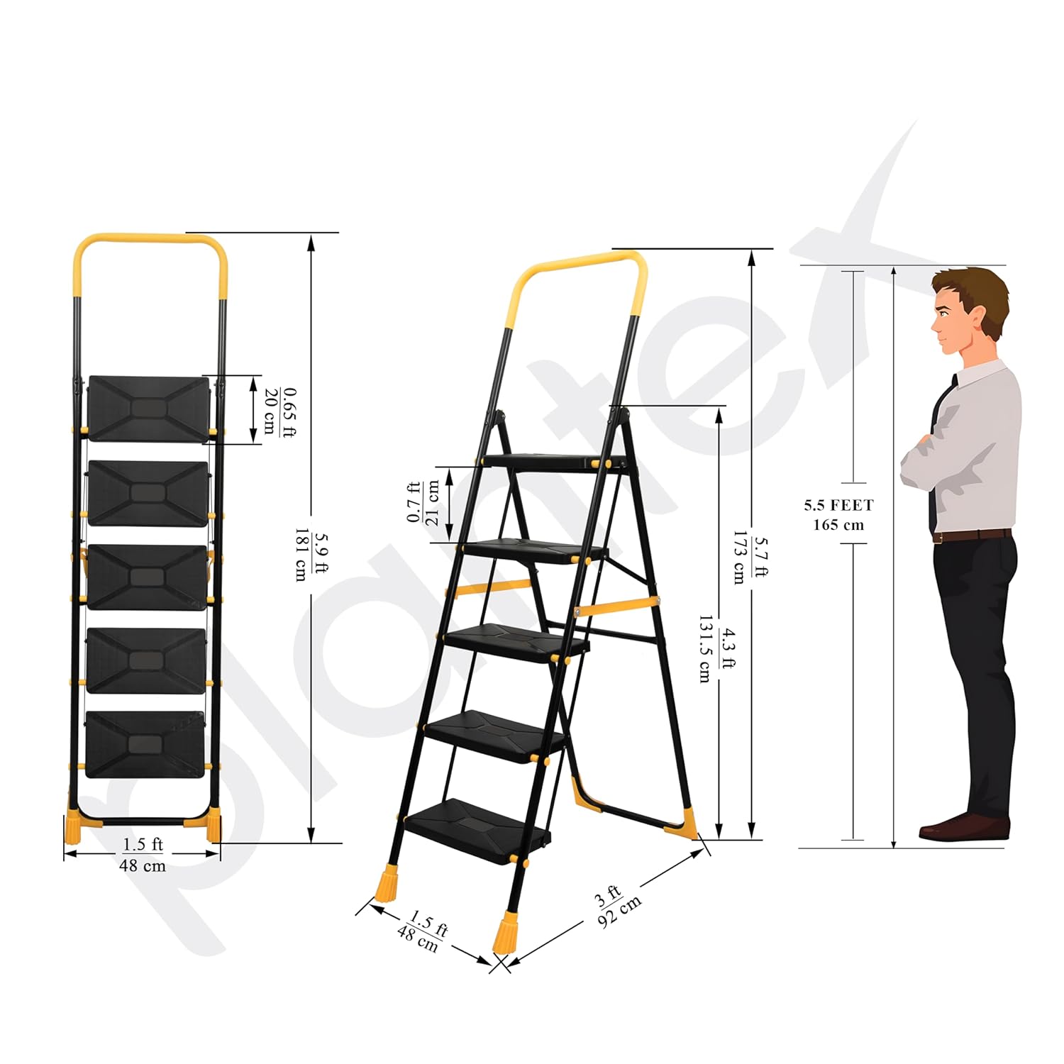 Plantex Premium Steel 5 Step Foldable Ladder for Home use/Folding Step Ladder with Anti Slip Steps and PVC Shoes/Portable ladders with Knee Guard Protection (Yellow & Black)