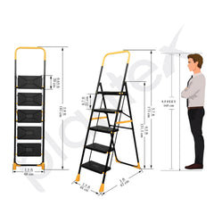 Plantex Premium Steel 5 Step Foldable Ladder for Home use/Folding Step Ladder with Anti Slip Steps and PVC Shoes/Portable ladders with Knee Guard Protection (Yellow & Black)