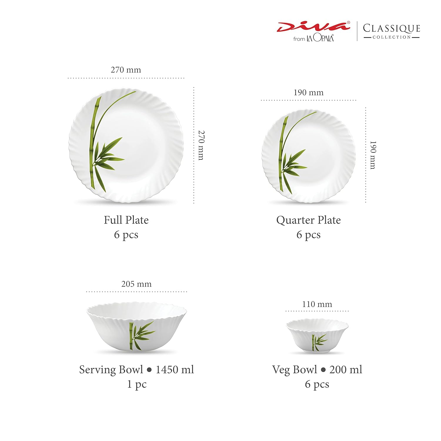 La Opala Diva Classique Collection Opal Glass Crockery | for Family of 6 | Dinner Set 19 pcs Fluted Green | Plates & Bowls for Dining | Microwave Safe | 100% Vegetarian | Extra Strong | White
