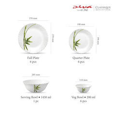 La Opala Diva Classique Collection Opal Glass Crockery | for Family of 6 | Dinner Set 19 pcs Fluted Green | Plates & Bowls for Dining | Microwave Safe | 100% Vegetarian | Extra Strong | White