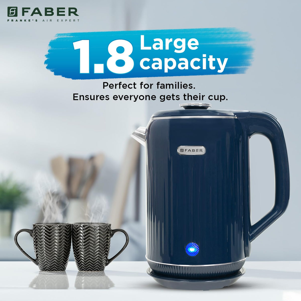 Faber Electric Water Kettle| 1.8L| 1500W| 3X Protection - Auto Off, Dry Boil, Overheating| Double Layered Cool Touch Out