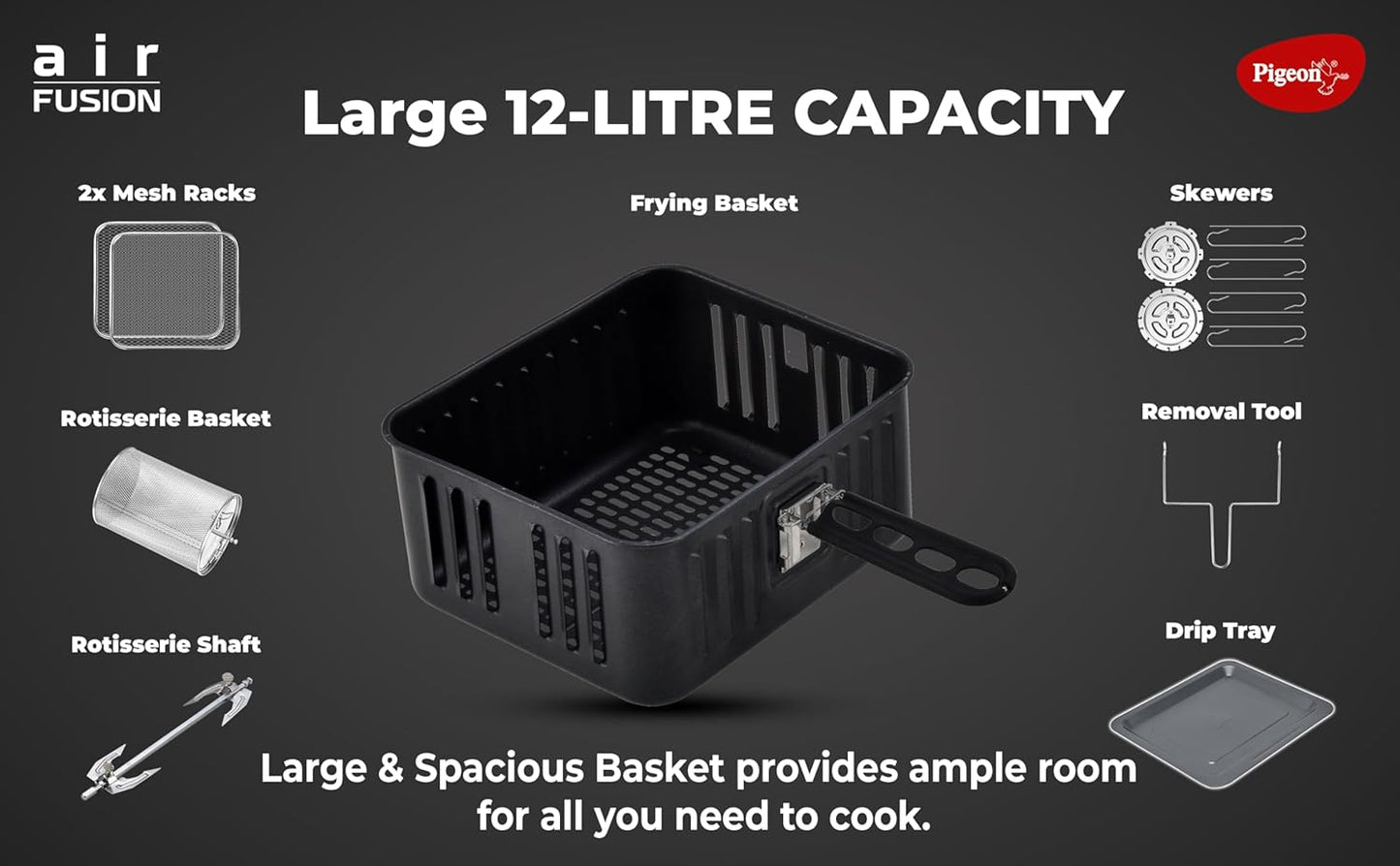 Pigeon by Stovekraft Air Fryer Oven 12L | 1800W | 2-in-1 Appliance - AirfryerOTG | Digital Touchscreen | 9 Preset Menu | Air Fry, Bake, Broil, Toast, Defrost (Black) | With Rotisserie | 7 Accessories