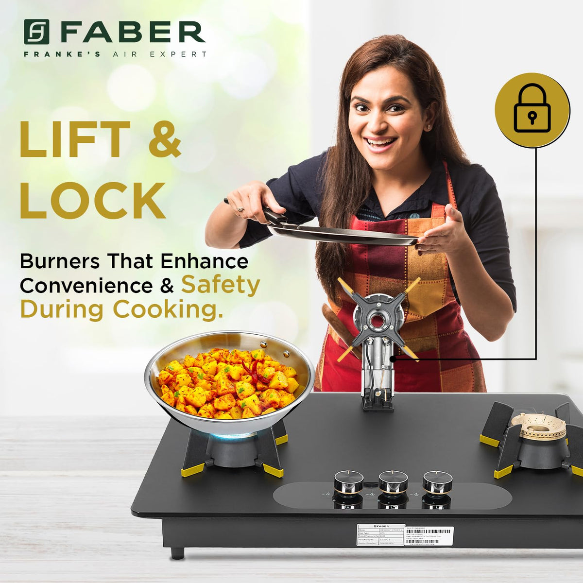 Faber Liftable Burners Hob - 75cm Black Glass| Auto Ignition| FFD| Cast Iron Pan Support| Premium Knobs| 1Yr Comprehensi