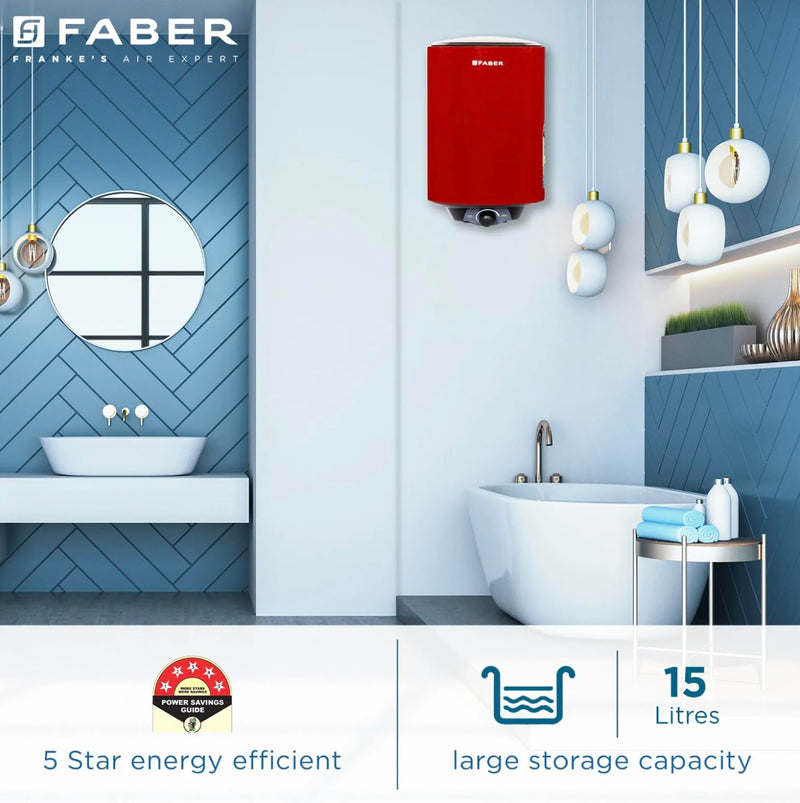 Faber Jazz 15L Vertical Storage Water Heater | Heating Indicator, 8 Bar Pressure, Titanium Glassline Coated Tank, Temper