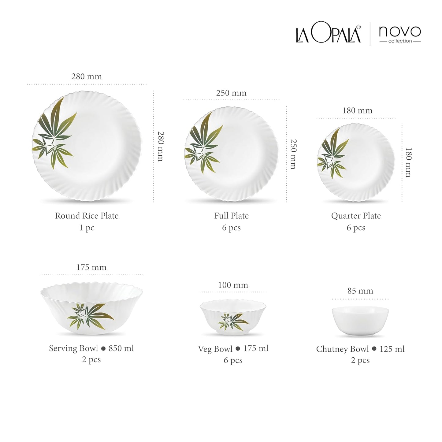 La Opala Novo Collection Opal Glass Crockery | for Family of 6 | Dinner Set 23 pcs Trinty Green | Plates & Bowls for Dining | Microwave Safe | 100% Vegetarian | Extra Strong | Light & White