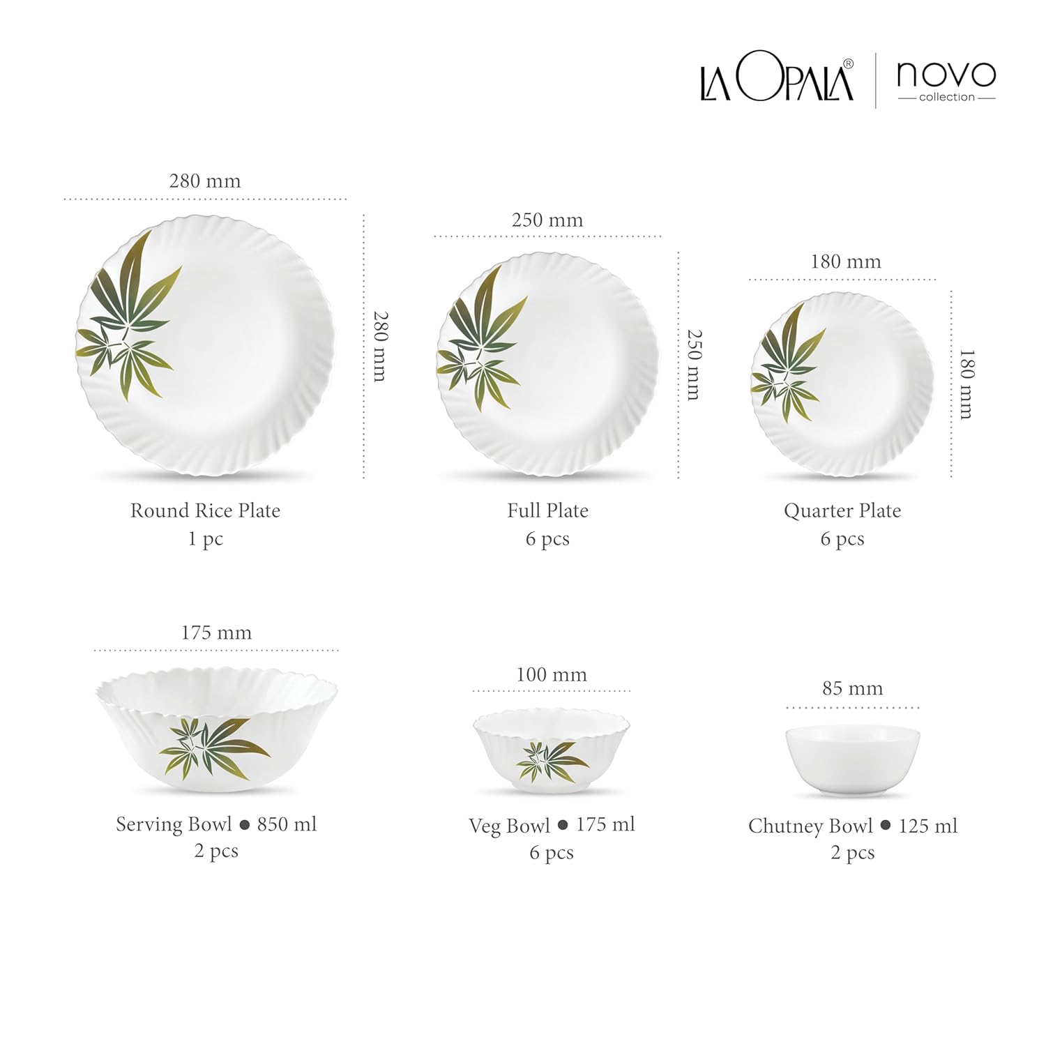 La Opala Novo Collection Opal Glass Crockery | for Family of 6 | Dinner Set 23 pcs Trinty Green | Plates & Bowls for Dining | Microwave Safe | 100% Vegetarian | Extra Strong | Light & White