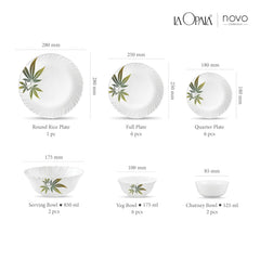 La Opala Novo Collection Opal Glass Crockery | for Family of 6 | Dinner Set 23 pcs Trinty Green | Plates & Bowls for Dining | Microwave Safe | 100% Vegetarian | Extra Strong | Light & White