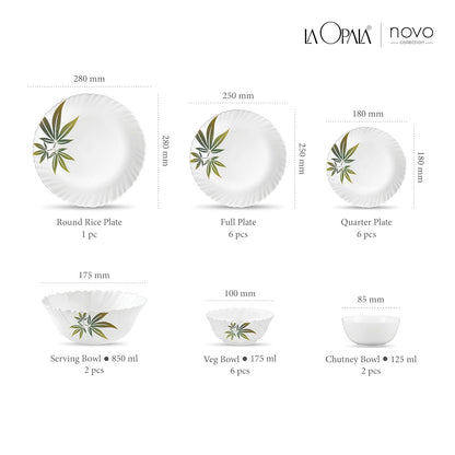 La Opala Novo Collection Opal Glass Crockery | for Family of 6 | Dinner Set 23 pcs Trinty Green | Plates & Bowls for Dining | Microwave Safe | 100% Vegetarian | Extra Strong | Light & White