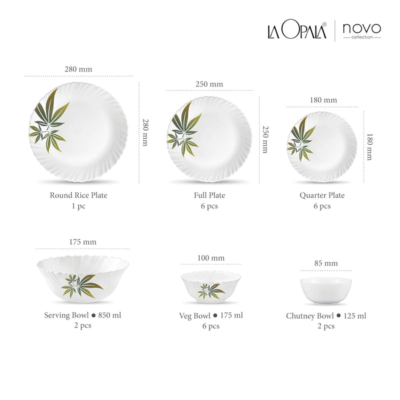 La Opala Novo Collection Opal Glass Crockery | for Family of 6 | Dinner Set 23 pcs Trinty Green | Plates & Bowls for Dining | Microwave Safe | 100% Vegetarian | Extra Strong | Light & White