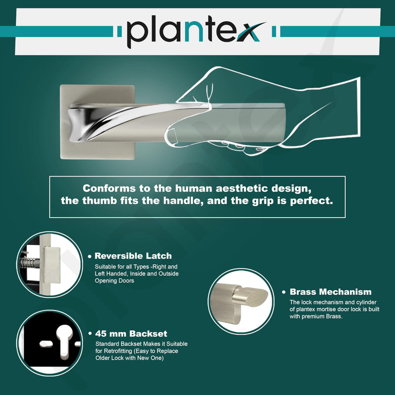Plantex Triple Security Door Lock for Home/Main Doorlock Set with 3 Years of Warranty/Mortise Locks for Door with Brass Lock Body & Cylinder(7086 - Satin White & Chrome)-6