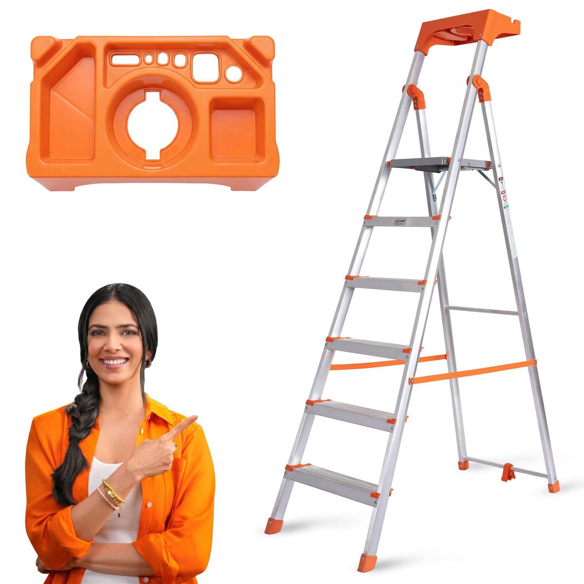 PROHOME Aluminium Ladder for Home 6 Steps Foldable with Tool Tray & Anti-Skid Wide Steps | 6 Step Ladder for Home Use, Kitchen & Household | 250 Kg Capacity Folding Ladder | 5 Year Warranty (Orange)