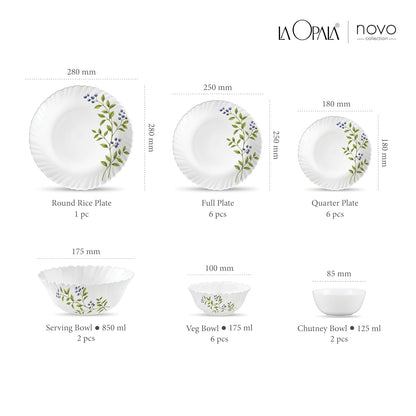 La Opala Novo Collection Opal Glass Crockery | for Family of 6 | Dinner Set 23 pcs Lush Greens | Plates & Bowls for Dining | Microwave Safe | 100% Vegetarian | Extra Strong | Light & White