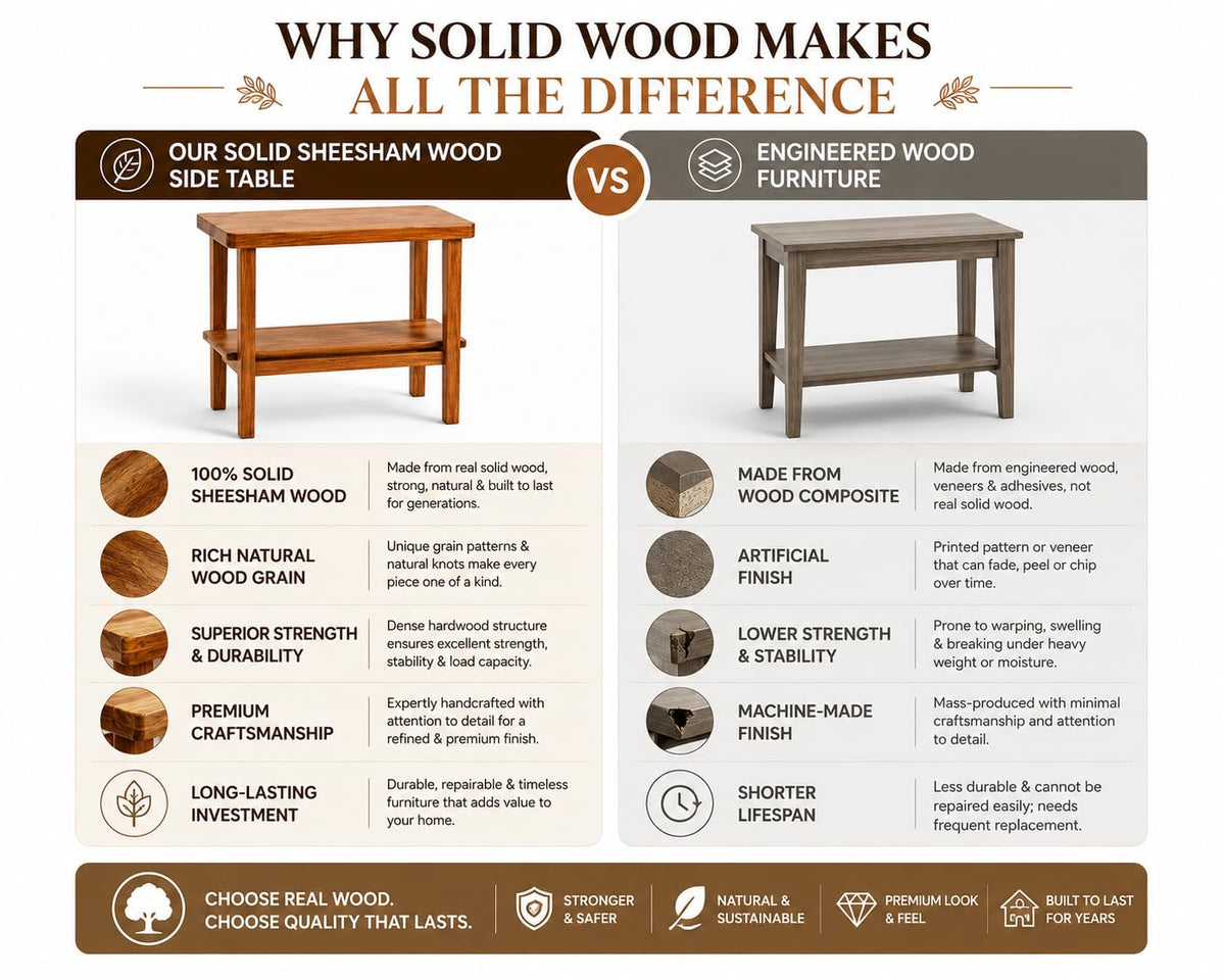 Solid Sheesham Wood C Shape Side Table for Living Room | Modern Sofa End Table | Wooden Laptop Table for Bed | 