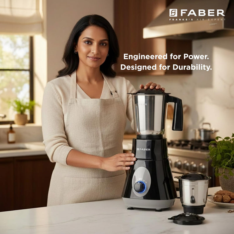 Faber Apollo Black Mixer Grinder|500w Copper Motor|3 Stainless Steel Jars & Blades|Easy to Clean| 2yrs Warranty on Produ