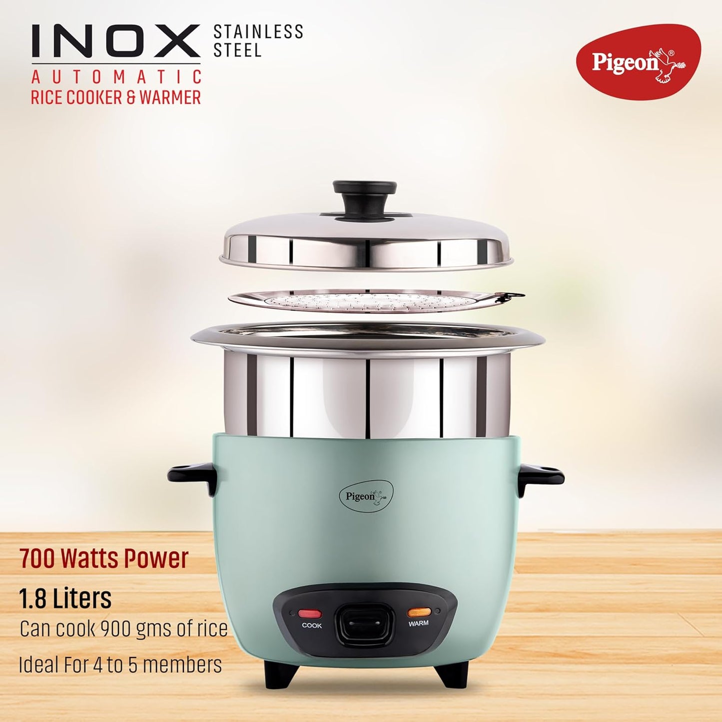 Pigeon Inox Rice Cooker with Single pot, 1.8 litres | Stainless Steel Lid | 700 Watts | 1 Steel Cooking Pot | Measuring Cup | Spatula | Energy Efficient Cooking