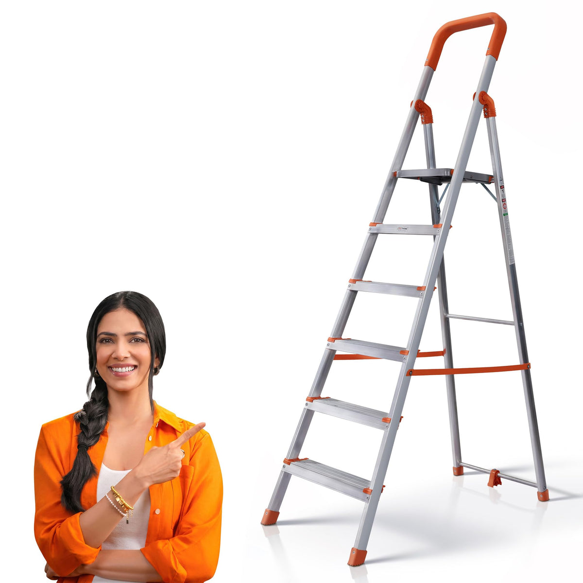 PROHOME Aluminium Ladder for Home 5 Steps Foldable with Railing & Anti-Skid Wide Steps | 5 Step Ladder for Home Use, Kitchen & Household | 250 Kg Capacity Folding Ladder | 5 Year Warranty (Orange)