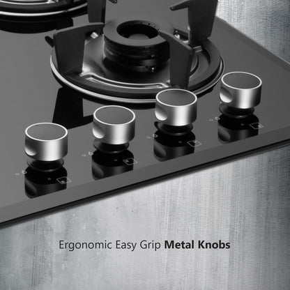 KAFF FBB 604 Built-in Hob/Hobtop 4 Burners, Auto Electric Ignition Glass Top, 60 CM, Full Brass Burner, 8 MM Thick Toughened Glass Bevelled Black Tempered Glass (Black)