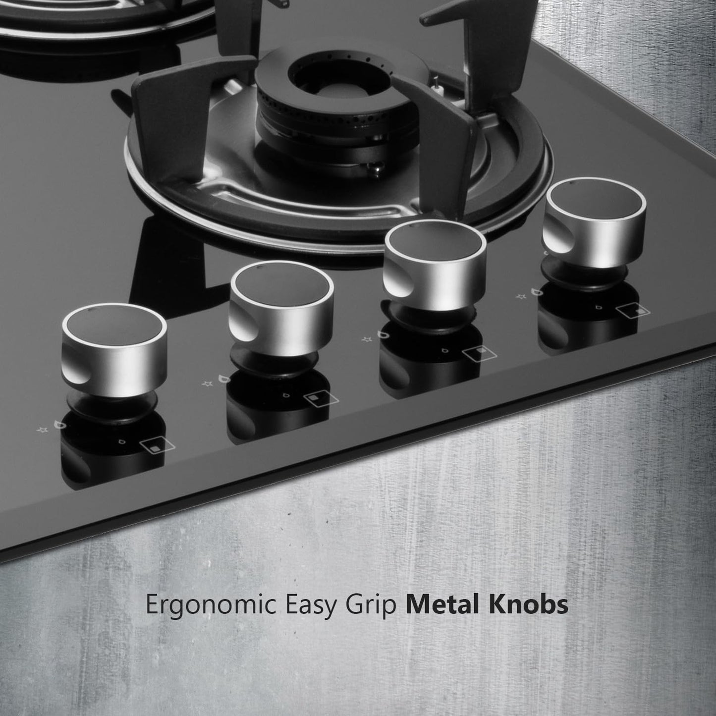 KAFF 4 Burners Built-in Hob & Hobtop For Modular Kitchen -8 MM |Auto Electric Ignition Glass Top| Powerful Brass Burners| Enamelled Matt Finish, Easy Metal Grip Knobs, (Black,60CM)