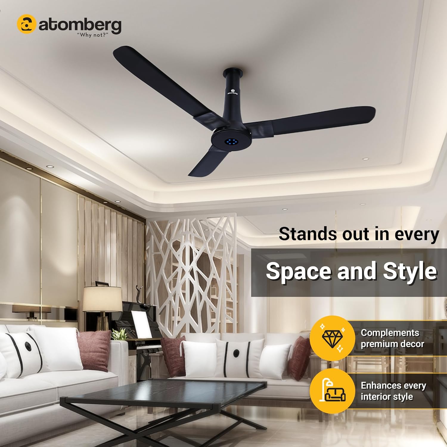 atomberg Studio+ 1200mm BLDC Ceiling Fan with Remote Control | BEE 5 star Rated Energy Efficient Ceiling Fan | High Air Delivery with LED Indicators | 3 Year Warranty (Onyx Black)