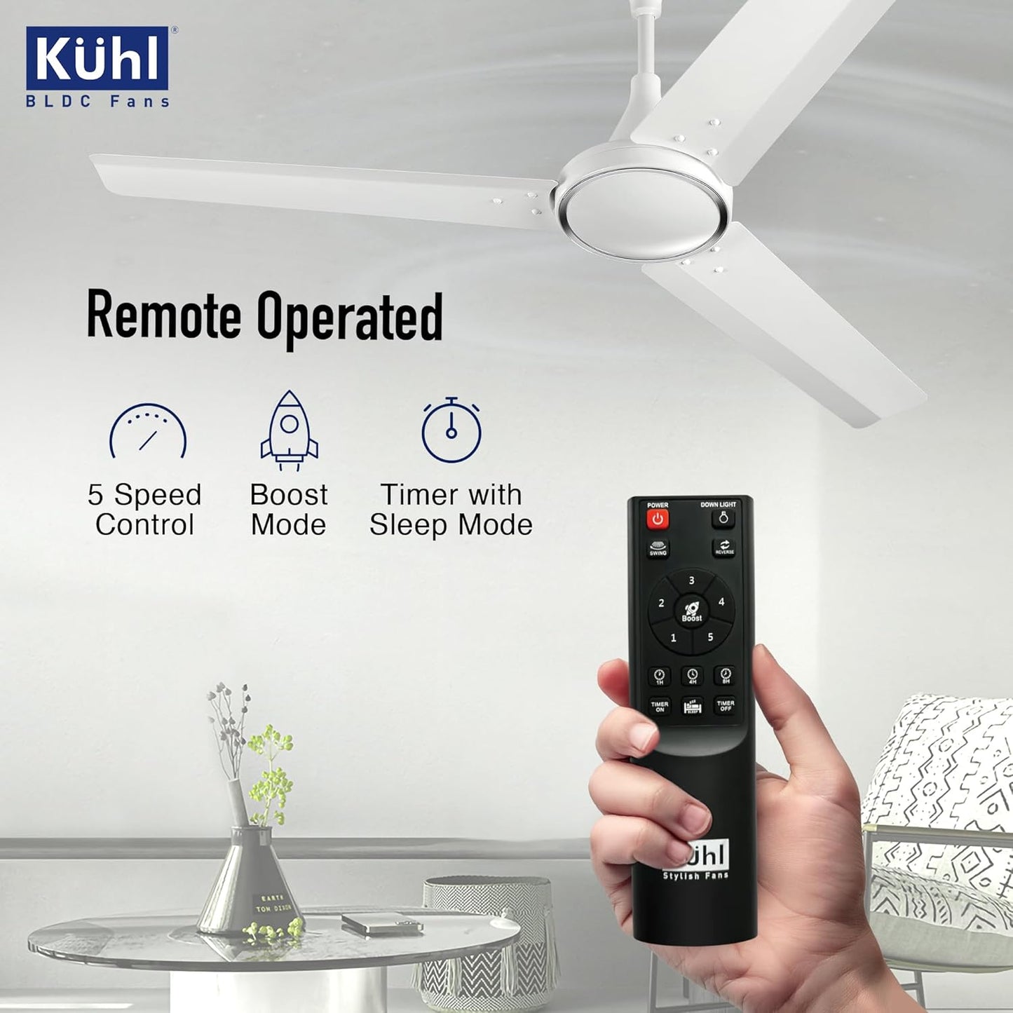 KUHL Prima A4 1200mm Decorative Power Saving BLDC Ceiling Fan with Remote | 29W | Saves upto 65% Electricity | 5 Star | High Air Flow | Stylish Design | White