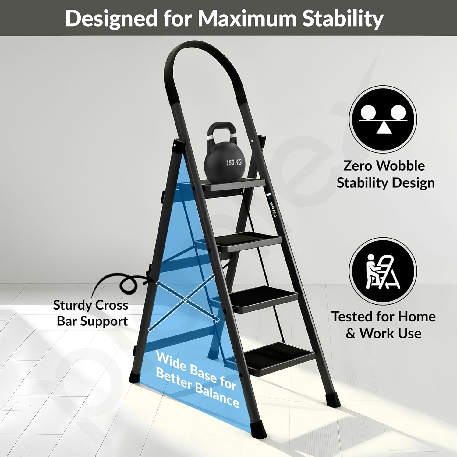 Plantex Ladder for Home 4 Steps/Foldable Ladder with Anti-Skid Wide Steps (30L x 20W cm)/Strong D-Shape Pipe with X-Support for More Stability/5 Year Warranty(Apex-Black)