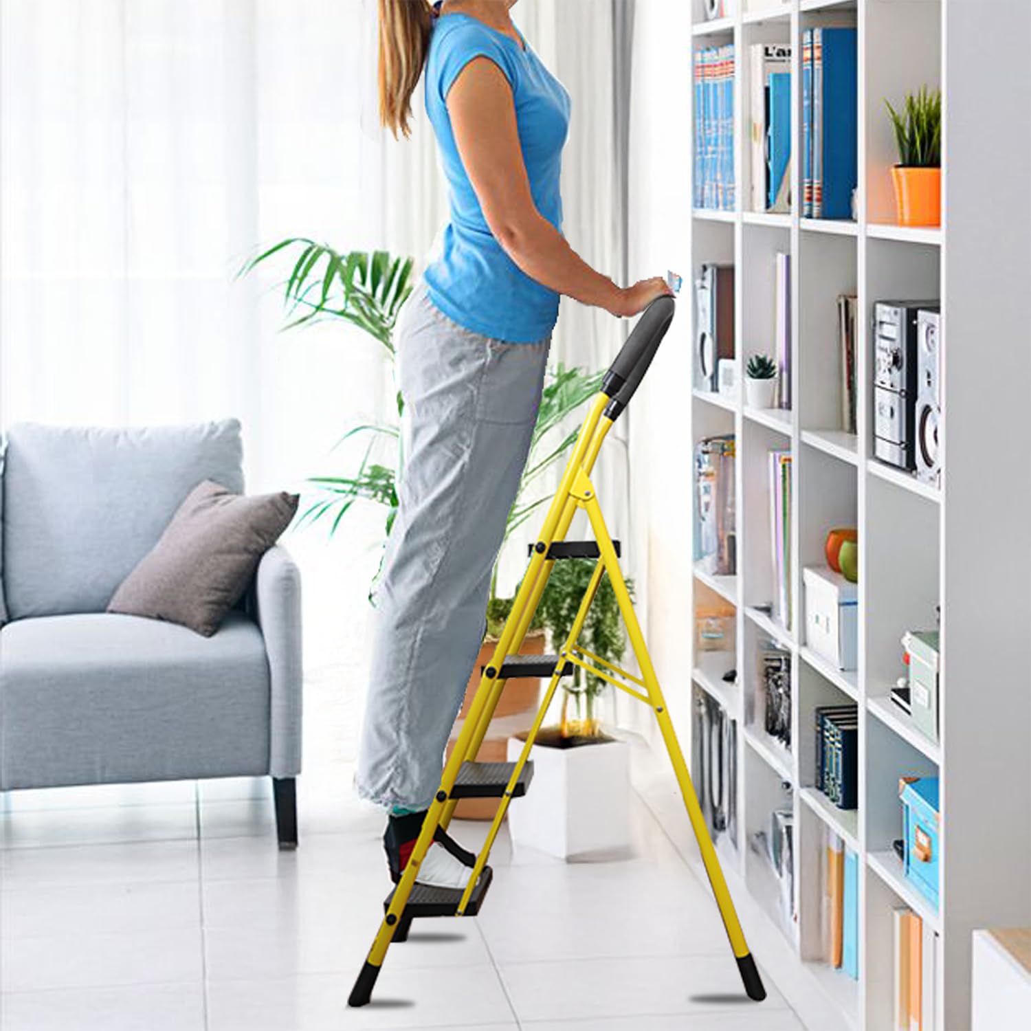 BonKaso Mild Steel Multipurpose Climb Swift 4-Step Foldable Ladder with Safety Clutch Lock, Load Capacity Upto 120kg – Anti-Slip Designed for Indoor & Outdoor Use (Yellow & Black)
