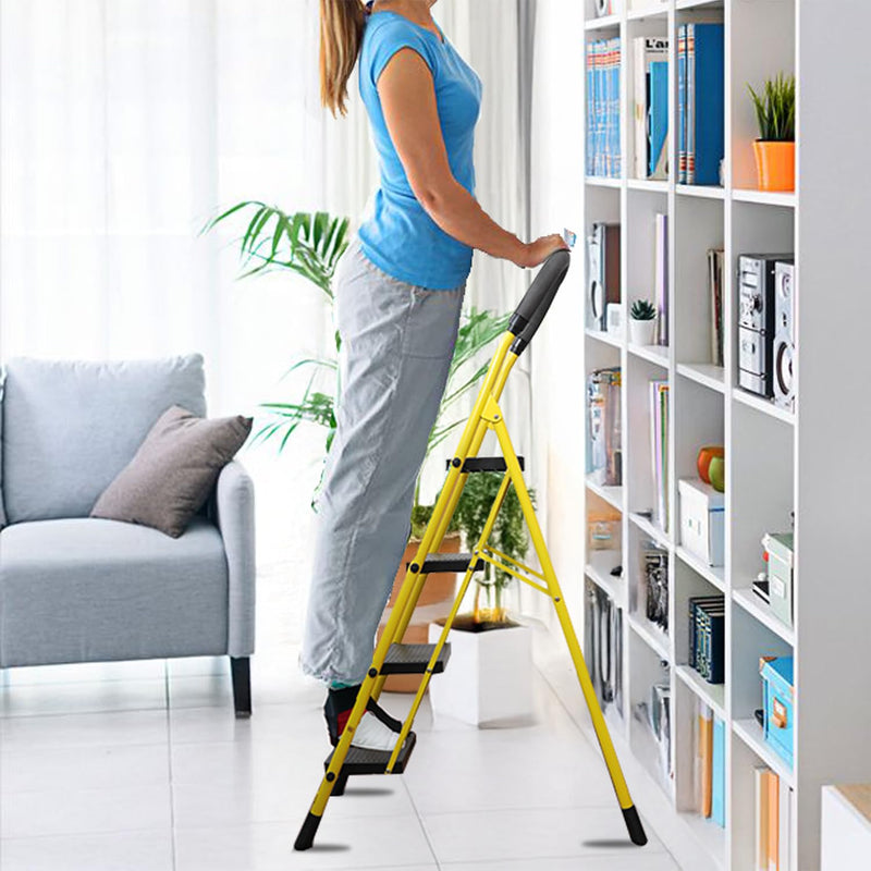 BonKaso Mild Steel Multipurpose Climb Swift 4-Step Foldable Ladder with Safety Clutch Lock, Load Capacity Upto 120kg – Anti-Slip Designed for Indoor & Outdoor Use (Yellow & Black)