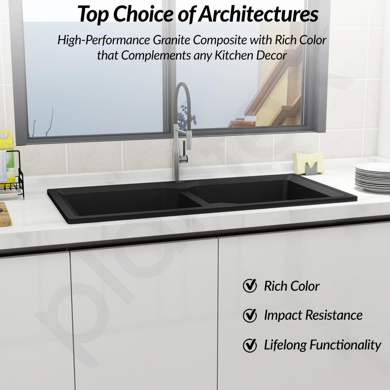 Plantex Matt Kitchen Sink/UV Protected Quartz Sink for Kitchen/Double Bowl Sink with Coupling and Hose Pipe (Charcoal Black - 37x18inch)-2