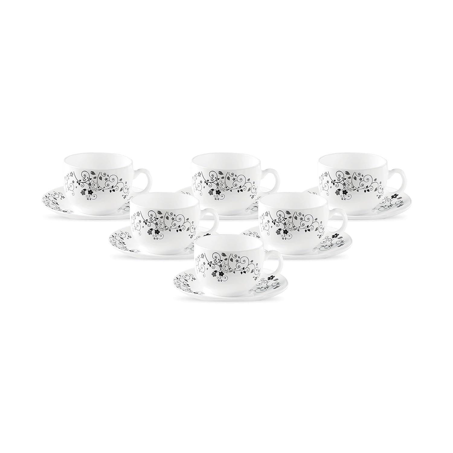 La Opala Diva, Opal Glass Crockery | Cup & Saucer Iris Regular, Set of 12 | Mystrio Black, 160 ml | for Tea & Coffee | Microwave Safe | 100% Vegetarian | Extra Strong | Super Light | Super White