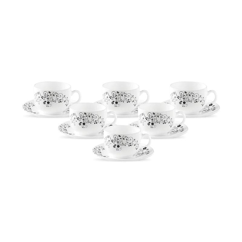 La Opala Diva, Opal Glass Crockery | Cup & Saucer Iris Regular, Set of 12 | Mystrio Black, 160 ml | for Tea & Coffee | Microwave Safe | 100% Vegetarian | Extra Strong | Super Light | Super White