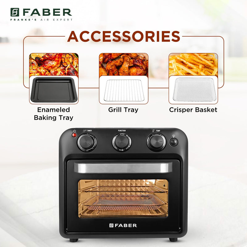 Faber 20 liter 1500 Watts Air Fryer Oven|Fry, Bake, Roast, Toast, Defrost, Grill, Reheat & Broil|85% Less Oil|Temperature & Timer Control, Preset Cooking Options, Convection Function, Auto-Off|(Black)