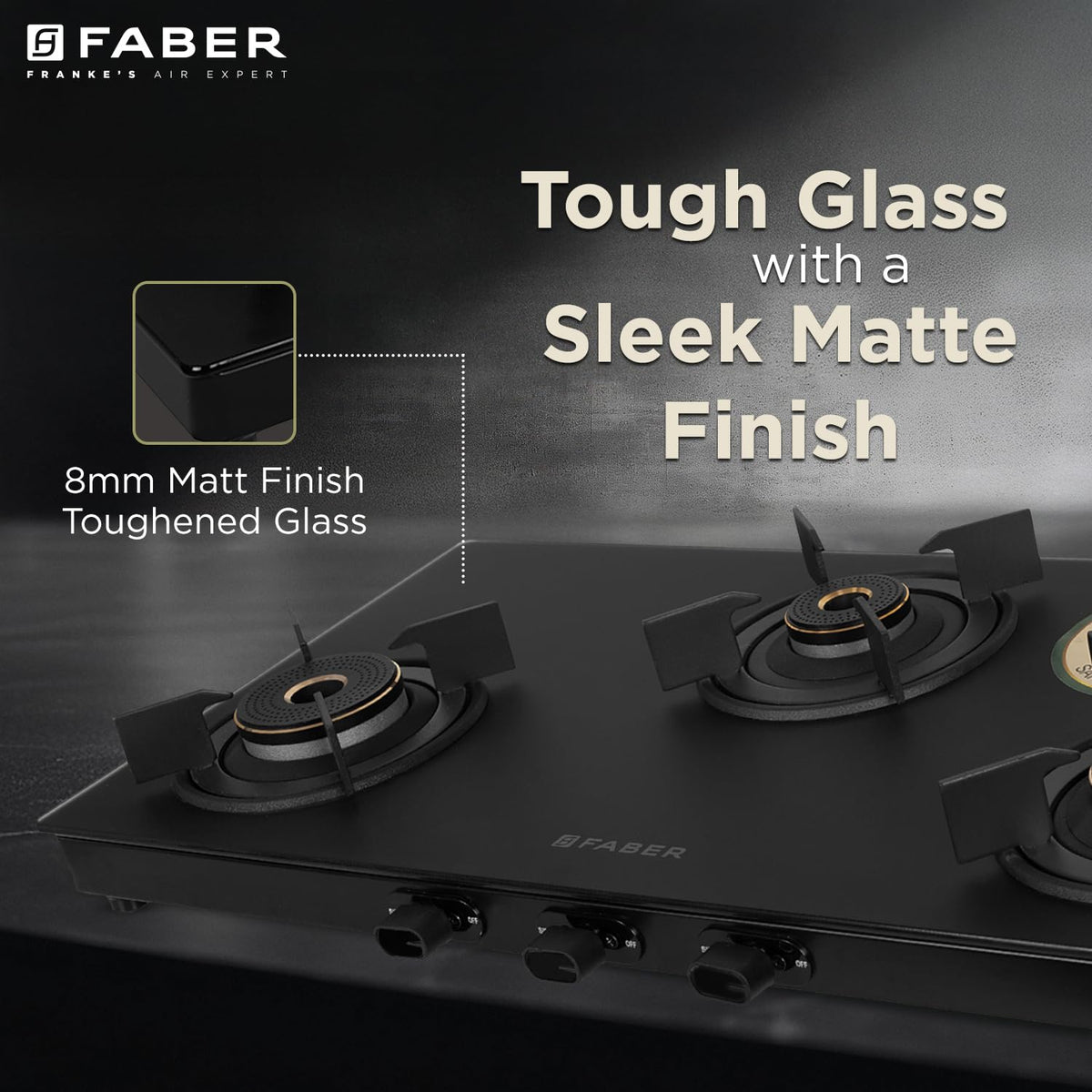 Faber Nebula Black Matt Glass Finish Cooktop |3 Brass Burners - Jumbo, Medium & Small | Manual Ignition| Heavy Pan Suppo