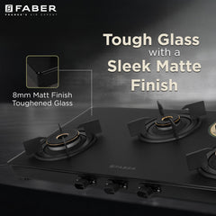 Faber Nebula Black Matt Glass Finish Cooktop |3 Brass Burners - Jumbo, Medium & Small | Manual Ignition| Heavy Pan Suppo