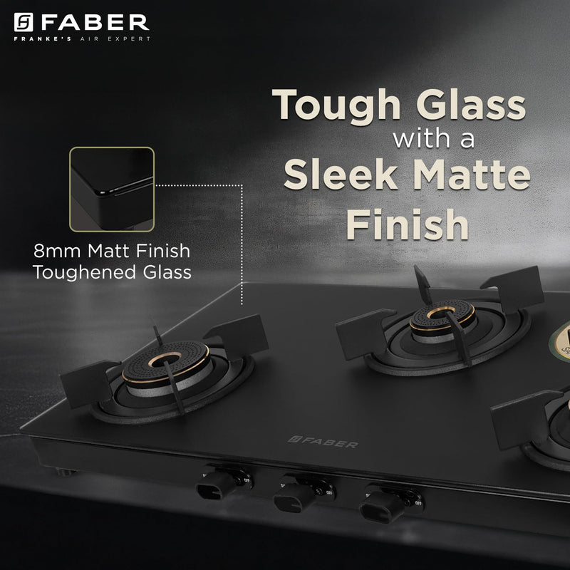 Faber Nebula Black Matt Glass Finish Cooktop |3 Brass Burners - Jumbo, Medium & Small | Manual Ignition| Heavy Pan Suppo