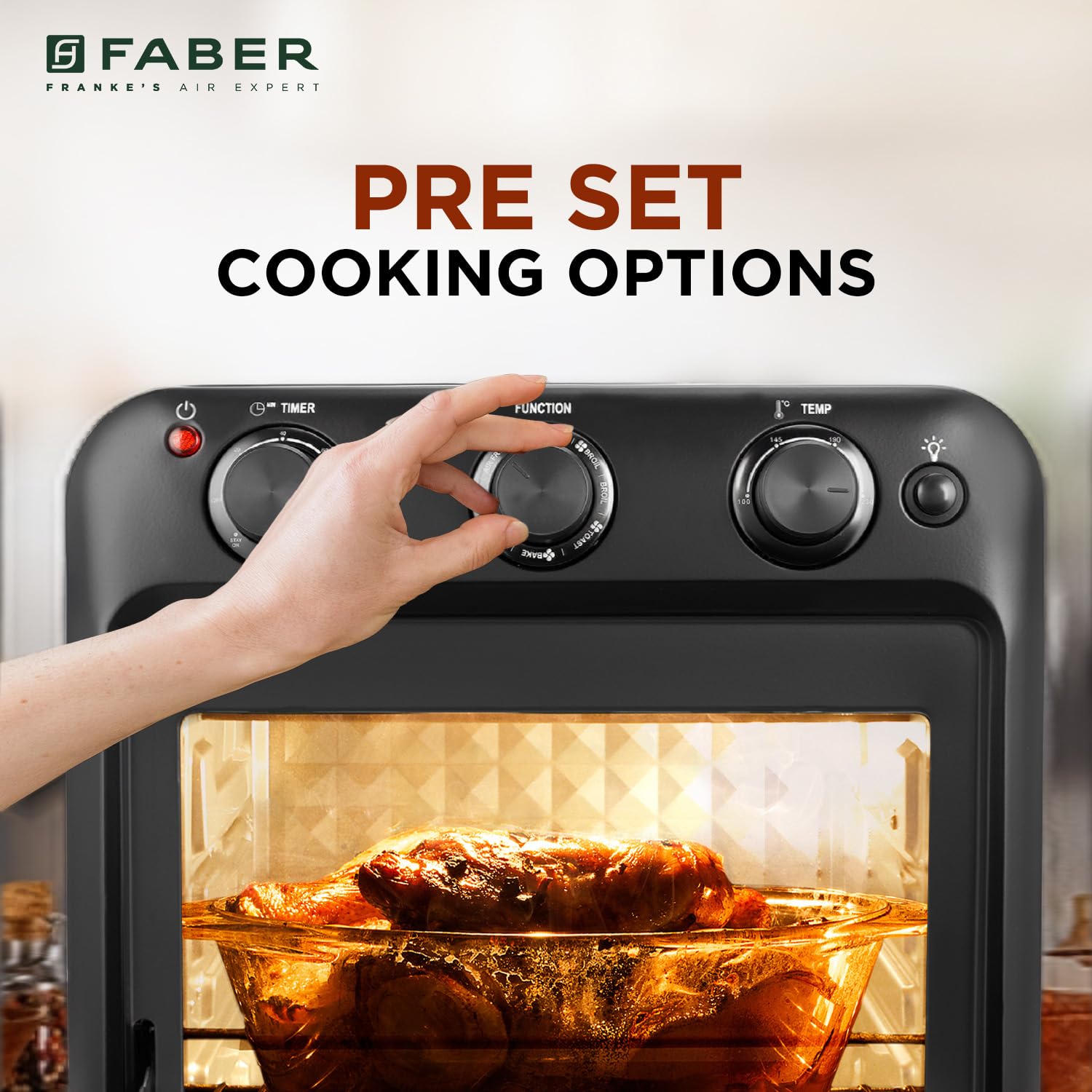 Faber 20 liter 1500 Watts Air Fryer Oven|Fry, Bake, Roast, Toast, Defrost, Grill, Reheat & Broil|85% Less Oil|Temperature & Timer Control, Preset Cooking Options, Convection Function, Auto-Off|(Black)