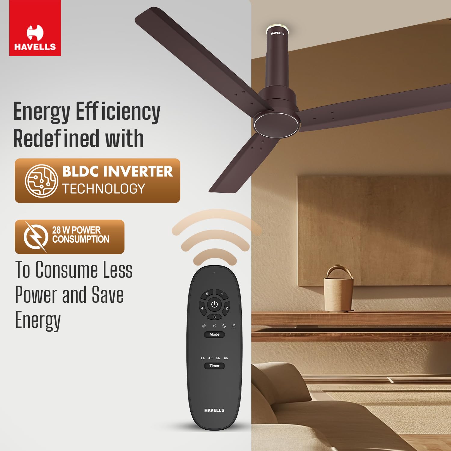 Havells 1200mm Elio BLDC Ceiling Fan | Remote Controlled, High Air Delivery Fan | 5 Star Rated, Upto 60% Energy Saving, 2+1* Year Warranty | (Pack of 1, Brown)